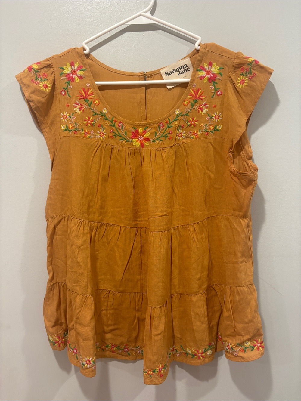 Savanna Jane Mustard Embroidered Tiered Peasant Tunic ptp 21 length 25